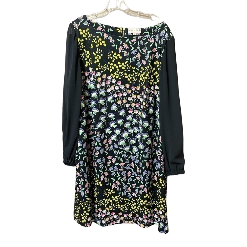𝅺NANETTE Lepore floral midi dress, boat neck, sheer sleeve. Navy/multi size 18